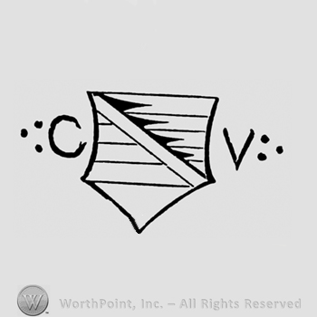 A shield with uppercase letters C and V on sides.