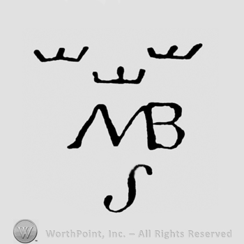 Three crowns above the initials M B and an uppercase handwritten S