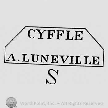 Cyffle A Luneville inside a frame and above an uppercase S