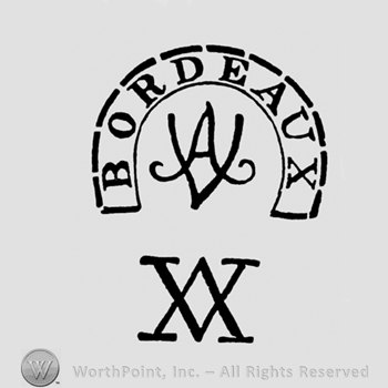 The word Bordeaux written inside horse shoe shape above a monogram with A V overlapping and above a double X