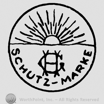SCHUTZ MARKE written inside a circle with a sun and monogram of letters CH.