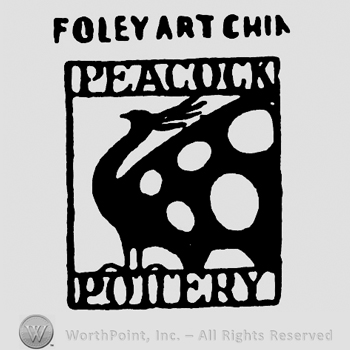 Peacock inside a rectangle with words PEACOCK POTTERY;FOLEY ART CHINA written outside.