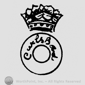 A crown on top of two circles;two words inside.