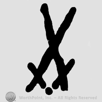 Two crossed swords and a dot.