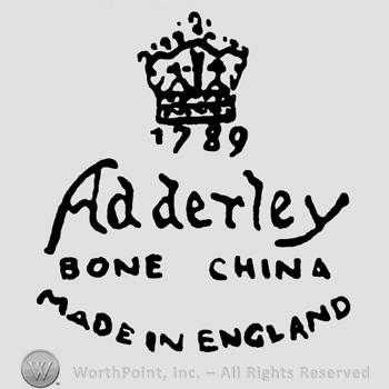 A crown and number 1789 on top;ADDERLEY BONE CHINA MADE IN ENGLAND written below.