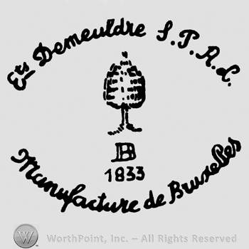 DEMEULDRE SPAC written on top;MANUFACTURE DE BRUXELLES on the bottom;a tree and B 1833 below.