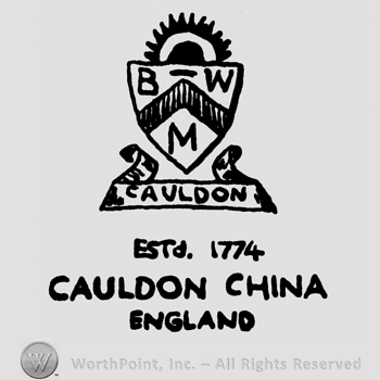 Shield with BWM inside;a ribbon with CAULDON written;ESTD 1774 CAULDON CHINA ENGLAND below.