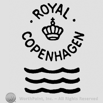Crown with cross in the middle;Royal Copenhagen round written inside a circle;waves.