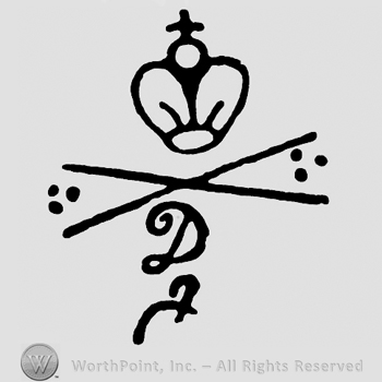 A crown with cross on top;A cross and letter D below.