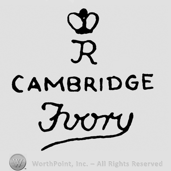 Letter R and a crown on top;Cambridge Ivory written below.