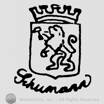 Shield with lion inside;a crown on top;Schumann written below.