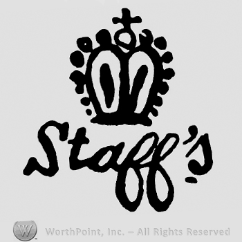 Crown with cross on top;Staff's written below.
