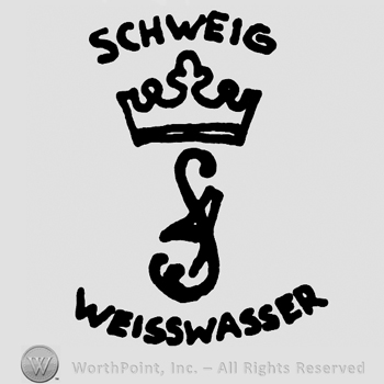 Monogram of letters SA and a crown on top;word Schweig on top;Weisswasser below.