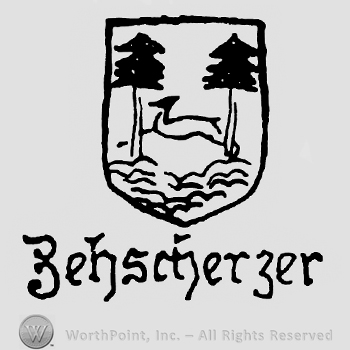 Two trees and an antelope inside a shield shape;word ZehScherzer written below.