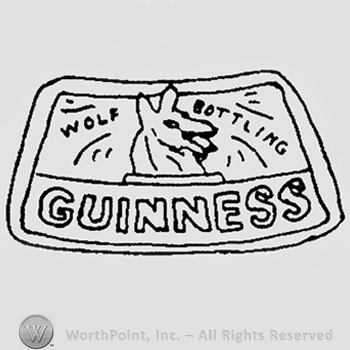 Rectangular form with the image of a wolf inside, "WOLF BOTTLING" written above, "GUINNESS" written under