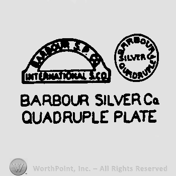 A half circle near a circle and ,,barbour silver co quadruple plate" written below, Barbour S.P. Co International S.Co. written in the half circle, Barbour Quadruple Silver written in the circle with uppercase letters