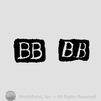 The letters BB written in uppercase either straight or leaned to the right.