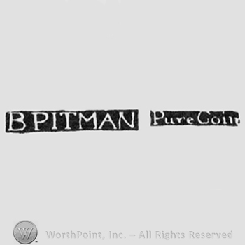 The name B Pitman written with uppercase letters or the words Pure Coin written with lowercase letters