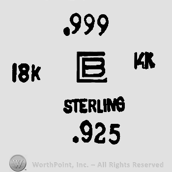 Uppercase B with 999 above, ,,sterling' and 925 under, number 18 and uppercase K on the left and number 14 and uppercase K on the right.