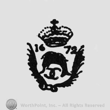 crown, year 1672, a figure under, laurels on the bottom