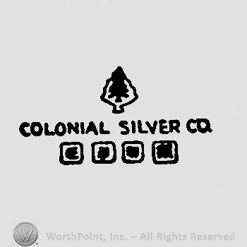 Tree over Colonial Silver Co. written with uppercase letters, four squares below, each with an image inside