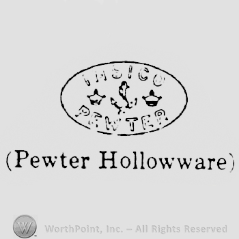 An anchor between two crowns, all inside an oval, Pewter Hollowware written below with lowercase letters between brackets