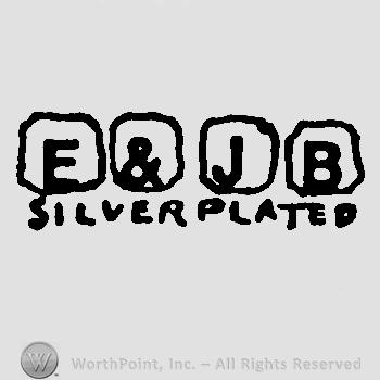 Initials E & J B each in a square and Silverplated written below with uppercase letters
