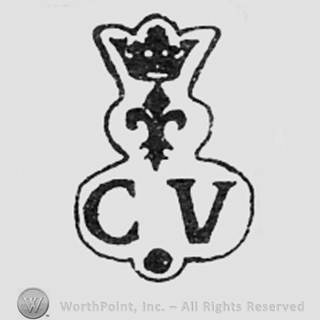 Crown and fleur-de-lis above letters CV.