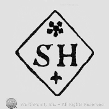 Letters SH, flower and fleur-de-lis, all inside a diamond.