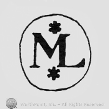 Monogram of letters ML and two little flowers, all insde an oval.