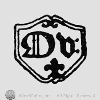 Monogram of letters CO above a fleur-de-lis, all on a shield.