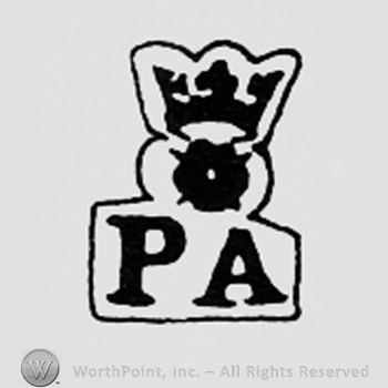 Crowned round shape above letters PA.