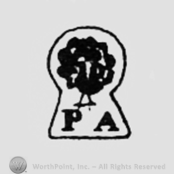 Shape of a tree inside an oval above letters MP inside a diamond.