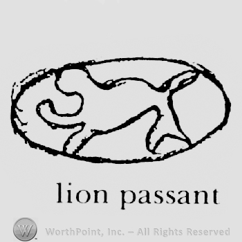 Stylized lion inside an oval, Lion Passant written below with lowercase letters