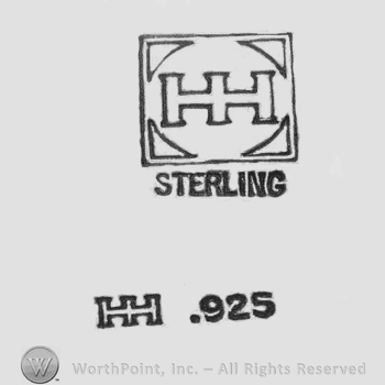 Two conjoined uppercase letters H inside a square, Sterling written below, double conjoined uppercase H followed by number 925
