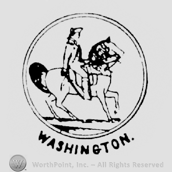 A circle with the picture of a horseman riding a horse inside it, Washington written below with uppercase letters
