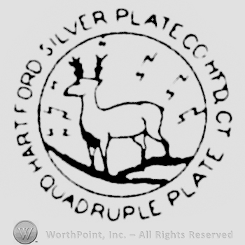 Deer on a hill inside a circle, Hartford Silver Plate Co MFD CT Quadruple Plate written outside and around the circle with uppercase letters