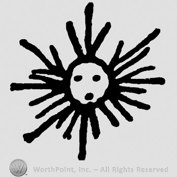 Circle with a face inside;maybe a sun.
