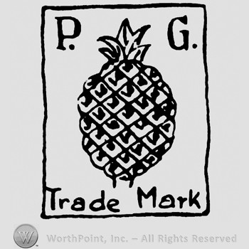 A pineapple inside a rectangle and P G TRADE MARK written.