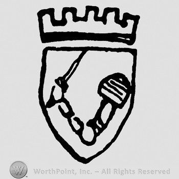 Shape similar with a hand and a sword on a shield with a crown on top.