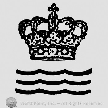A crown witn a cross on top and three lines similar to a wave.