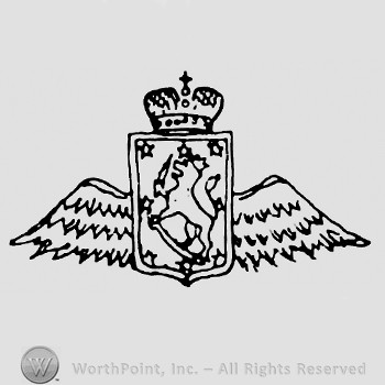 A lion with crown inside a shield;a pair of wings and a crown with a cross on top.
