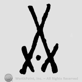 Two crossed swords and a dot.