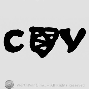Shape similar with a shield and letters C V on sides.