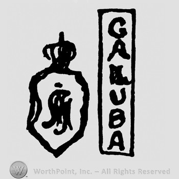 A crown on top of a shield with monogram of letters GHJ inside;word Galuba written inside a rectangle in the right side.