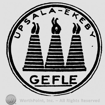 Three towers inside a circle;Upsala Ekeby written on top;Gefle below.