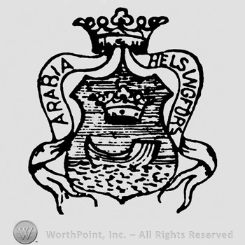A crown on top and one in the middle;a ribbon with Arabia Helsingfors written.