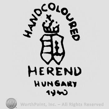 A crown with cross and a shield in the middle;Handcoloured on top;Herend Hungary below.
