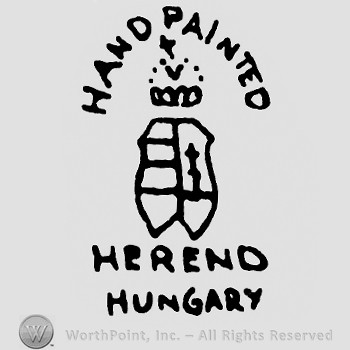 Crown with cross on top of a shield;Handpainted on top;Herend Hungary below.
