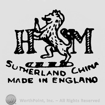 A lion in the middle and letters HM;Sutherland China Made in England below.